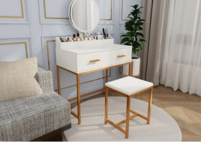 Tocador Vanity Set With Mirror And Stool - Makeup Vanity Table With Storage Drawers And Organizer, White And Gold, Space-Saving Design For Small Bedrooms
