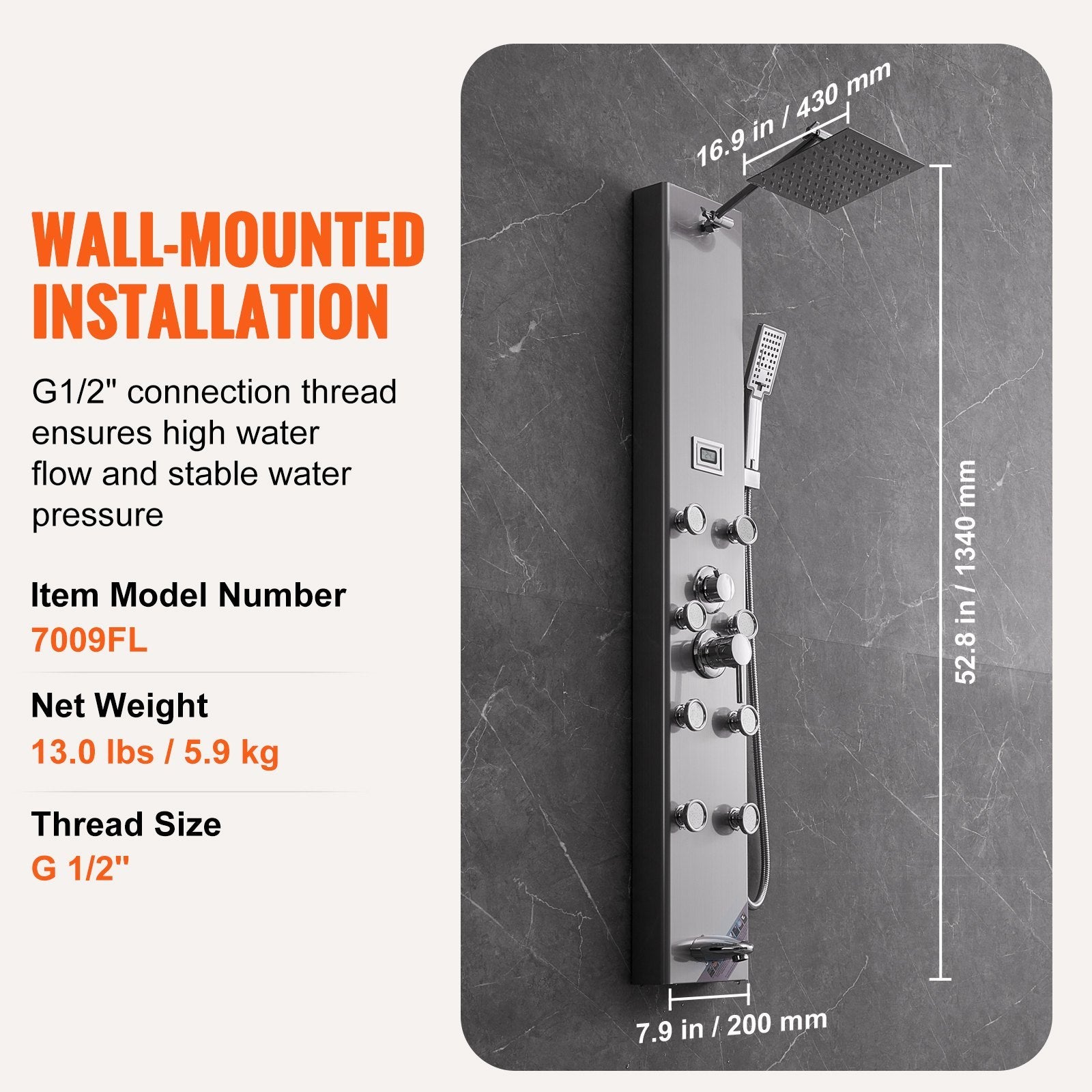 Shower Panel System, 5 Shower Modes, Digital Display Shower Panel Tower, Rainfall, 8 Massage Jets, Tub Spout, 3-Setting Handheld Shower Head 59 Hose, Stainless Steel Wall-Mounted Shower Set
