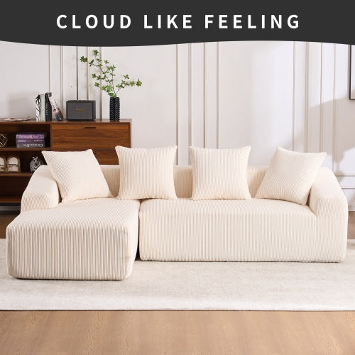 Modular LY-023 WHITE COMPRESSION SOFA Combining Chaise Longue With 3-seater, Corduroy Fabric, Full Sponge Compression Sofa,combined Sofa With 4 Pillows For Living