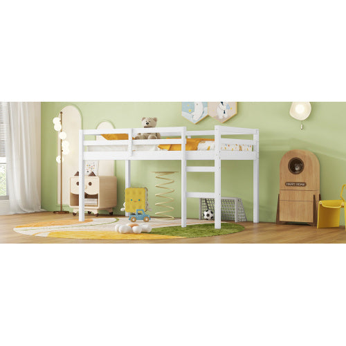 Solid Wooden, Rubber Wooden Twin Loft Bed With Ladder, Bed Platform Of Strengthened Slats , White