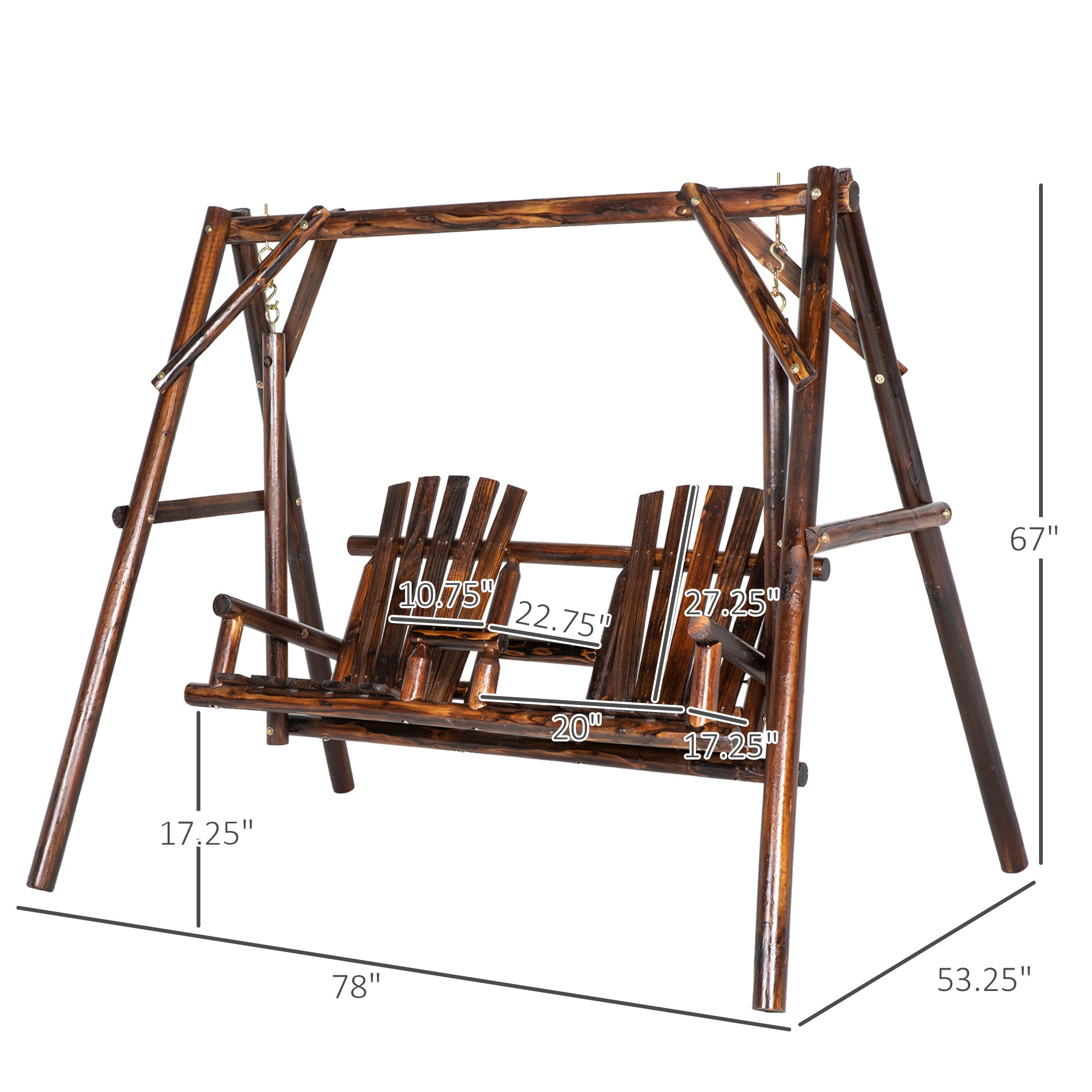 Adirondack Swing Chair Outdoor 2-Seat Freestanding Solid Wood With Center Table Carbonized