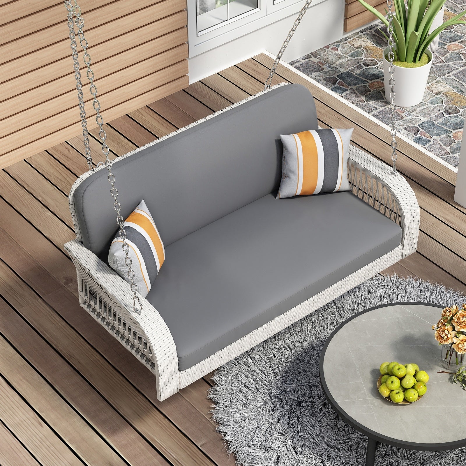 Columpio Wicker Porch Swing, 2-Seater Hanging Bench With Chains, Patio Furniture Swing For