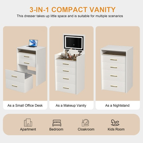 Tocador Dressing Table 3 In 1 Vanity Desk With Open Top Mirror,Small Make Up Vanity Set With Visible Glass Desktop,Compact Makeup Vanity With 3 Drawers,Dressing Table For Bedroom