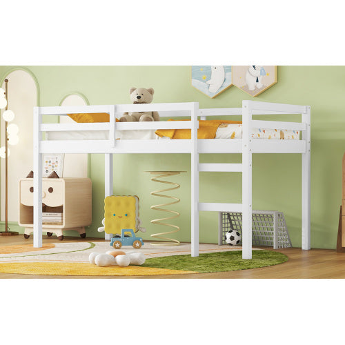 Solid Wooden, Rubber Wooden Twin Loft Bed With Ladder, Bed Platform Of Strengthened Slats , White