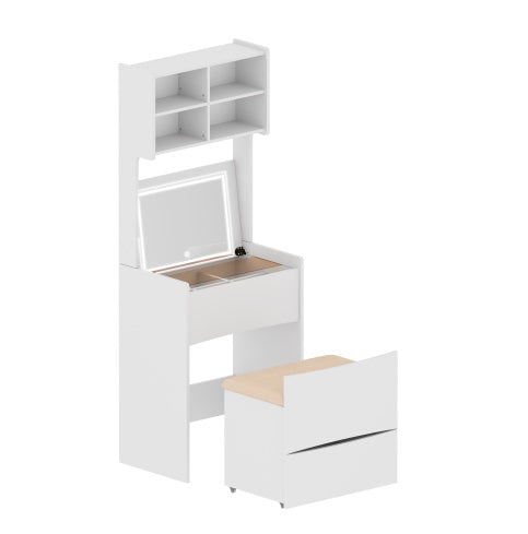 Tocador Dressing Table With Flip Top LED Illuminated Mirror, Vanity Table With Internal Storage Area, Makeup Vanity Dressing Table With Removable Upholstered Stool, Practical And Space-saving, Bedroom, White