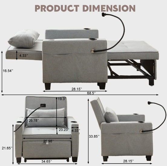 3-in-1 Futon Chair Bed Convertible Chair 3-in-1 Pull Out Sleeper Chair Beds With USB Ports,Wear-resistant And Anti-scratch, Armchair Bed Sleeper For Living Room,Grey.