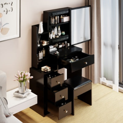 Tocador Left Bedside Cabinet Vanity Table  Cushioned Stool, Extra Large Right Sliding Mirror, Multi Layer High Capacity Storage, Practical Fashionable Dresser, Suitable For Small Space