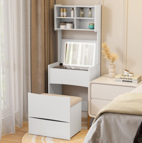 Tocador Dressing Table With Flip Top LED Illuminated Mirror, Vanity Table With Internal Storage Area, Makeup Vanity Dressing Table With Removable Upholstered Stool, Practical And Space-saving, Bedroom, White