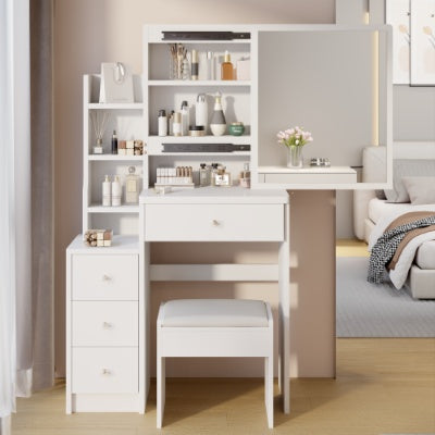 Tocador Left Bedside Cabinet Vanity Table  Cushioned Stool, Extra Large Right Sliding Mirror, Multi Layer High Capacity Storage, Practical Fashionable Dresser, Suitable For Small Space