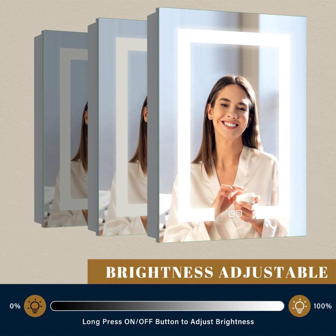 LED Bathroom Wall Medicine Cabinet Mirror Lighted Mirror With Storage Recessed Or Surface Dimmable 3 Colors Temperature Anti-Fog Adjustable Shelf 2 Sockets 2 USB Interfaces