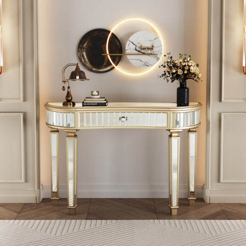Half  Moon Mirrored Console Table With Fluted Glass  Crystal Knob Drawer  Silver Entryway Vanity Desk For BedroomDressing RoomGold Sliver