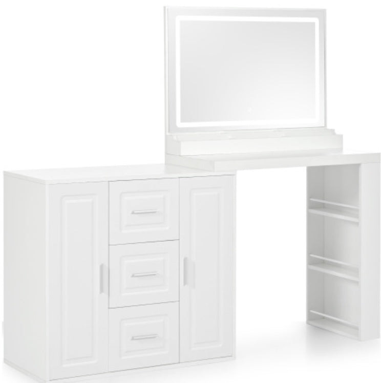 Tocador Makeup Vanity Desk With Mirror, Vanity Mirror With Lights, Dressing Table With 3 Drawers And 2 Cabinets, Vanity Table With Storage Shelves For Bedroom, White