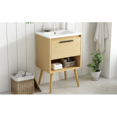 24 Bathroom Vanity With Sink Combo, Multi-functional Bathroom Cabinet With Drawer, MDF Board, Natural