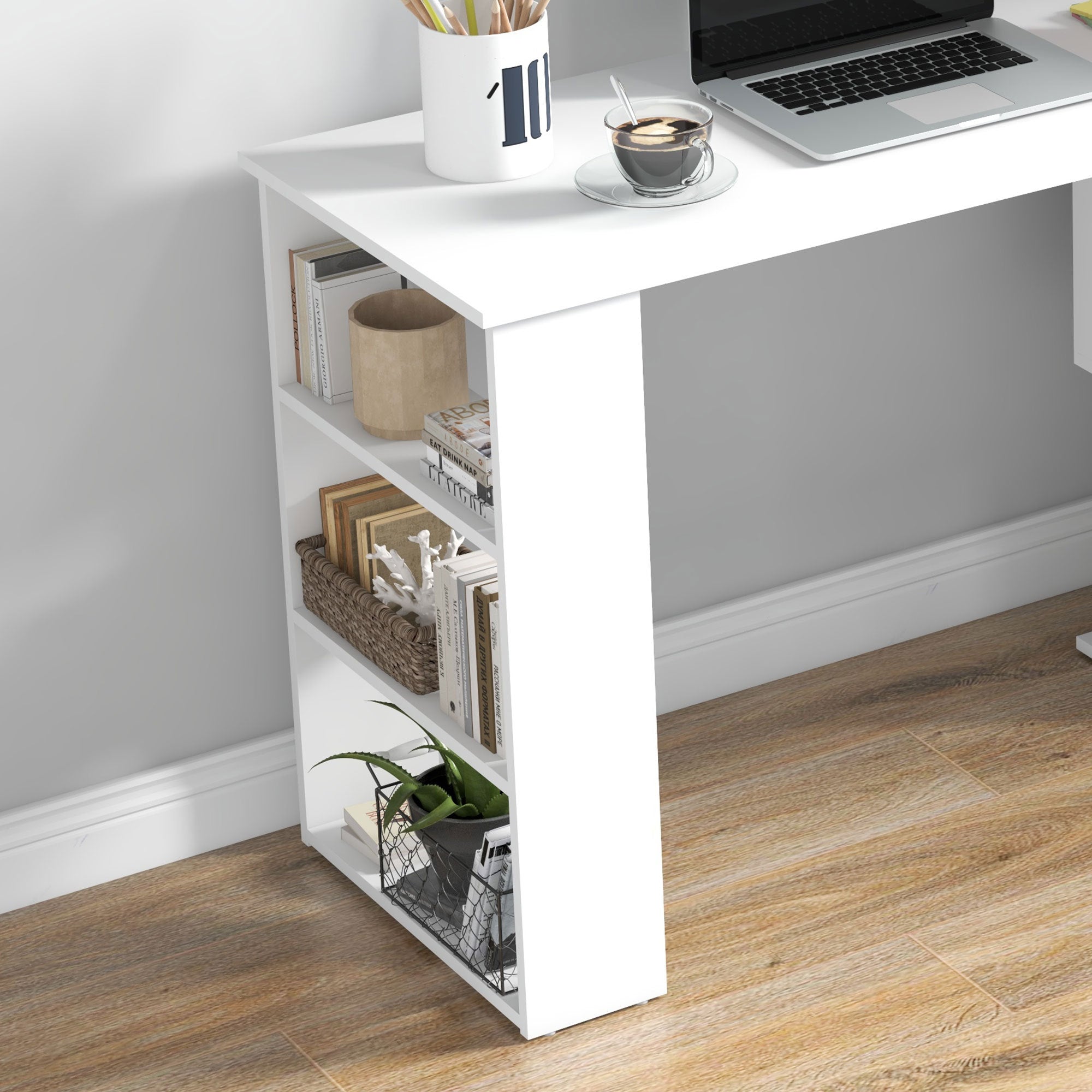 L Shaped Computer Desk With Storage Shelves, Writing Table Workstation, White