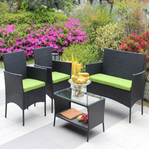 Juego de muebles exterior 4 PC Rattan Patio Furniture Set Outdoor Patio Cushioned Seat Wicker Sofa Green Cushion