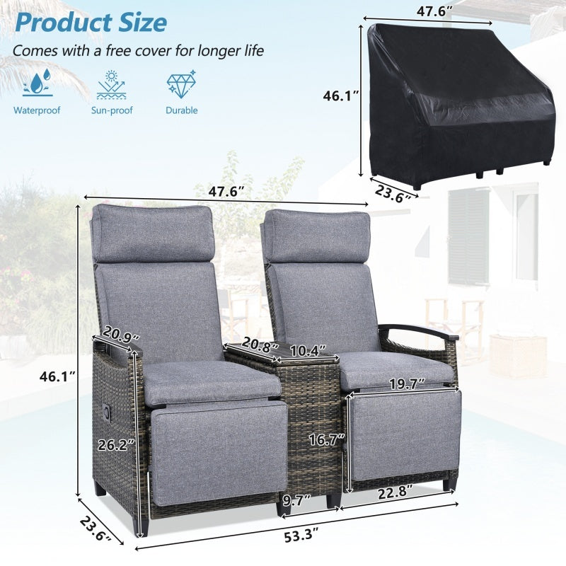 Terrace Lounge Chair Double Sofa, Adjustable Backrest Willow Outdoor Leisure Chair Set, Equipped With Acacia Wood Armrests And Built-in Storage Table, Gray, Prohibited Platform Temu