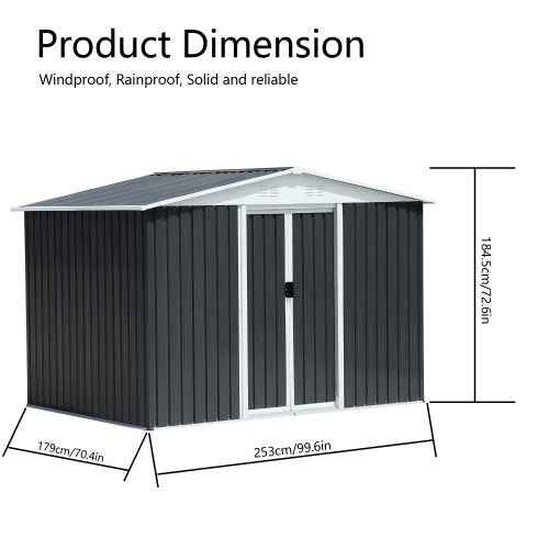 Outdoor Storage Garden Bike Shed 8x6 Feet Apex Roof Dark Grey With Aluminum Alloy Frame And Sliding Door