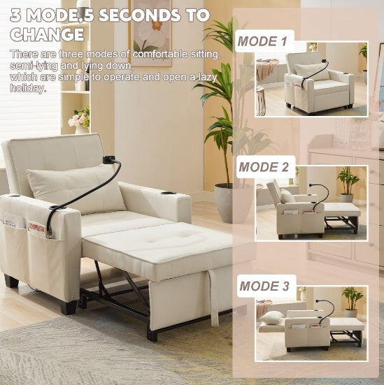 3-in-1 Futon Chair Bed Convertible Chair 3-in-1 Pull Out Sleeper Chair Beds With USB Ports,Wear-resistant And Anti-scratch, Armchair Bed Sleeper For Living Room,Grey.