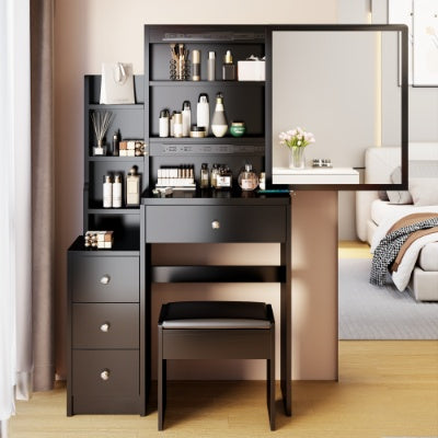 Tocador Left Bedside Cabinet Vanity Table  Cushioned Stool, Extra Large Right Sliding Mirror, Multi Layer High Capacity Storage, Practical Fashionable Dresser, Suitable For Small Space