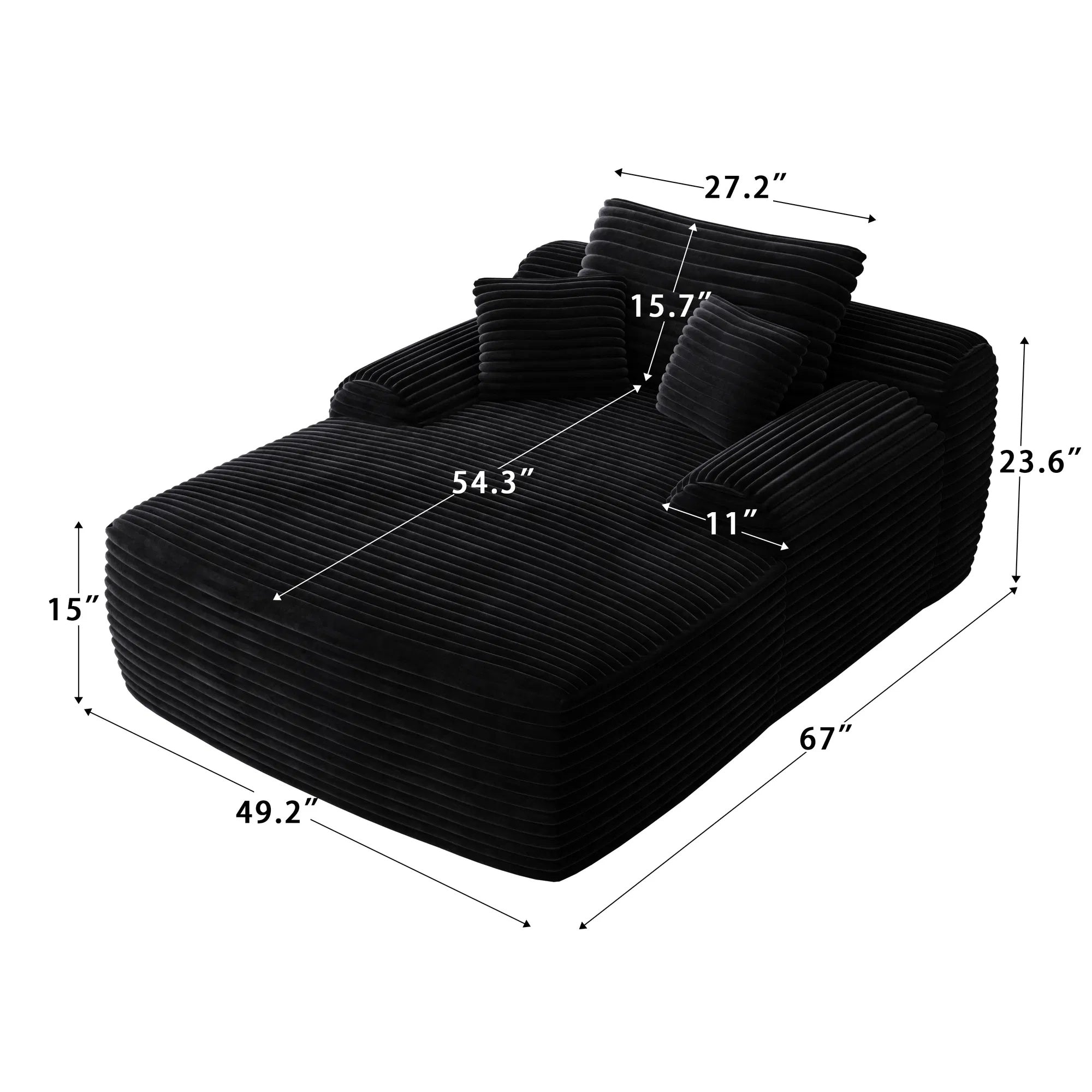Loveseat Chaise Lounge Chair, Couches For Living Room, Oversized Upholstered Sleeper Indoor, Cloud Sofa Bed Indoor Deep Seat, No Assembly Required Corduroy Black