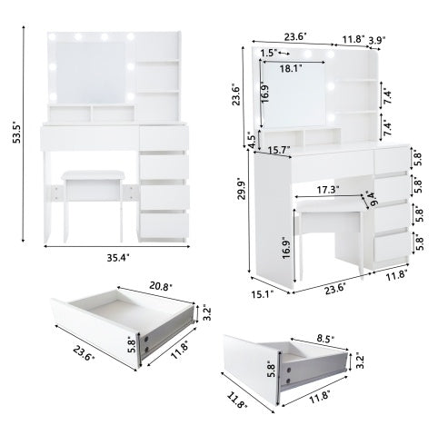 Tocador Vanity, Makeup Vanity Desk Set With Mirror & Light, Dressing Table Storage Lots With Power Strip, 3 Lighting Modes With Adjustable Brightness, 37 Inches White With Stool
