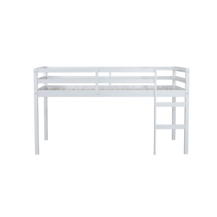 Solid Wooden, Rubber Wooden Twin Loft Bed With Ladder, Bed Platform Of Strengthened Slats , White