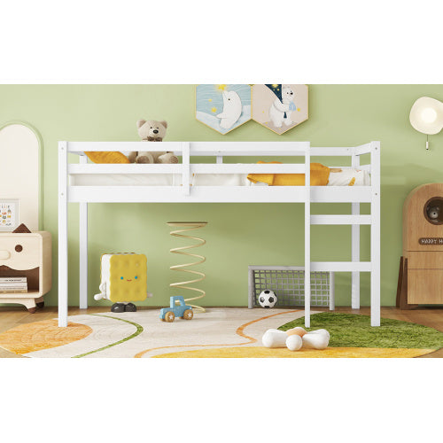 Solid Wooden, Rubber Wooden Twin Loft Bed With Ladder, Bed Platform Of Strengthened Slats , White