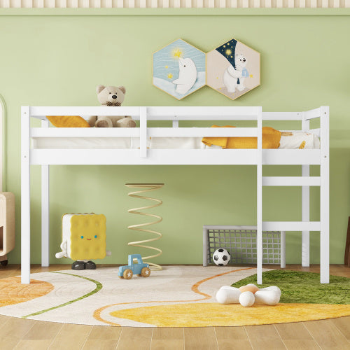 Solid Wooden, Rubber Wooden Twin Loft Bed With Ladder, Bed Platform Of Strengthened Slats , White