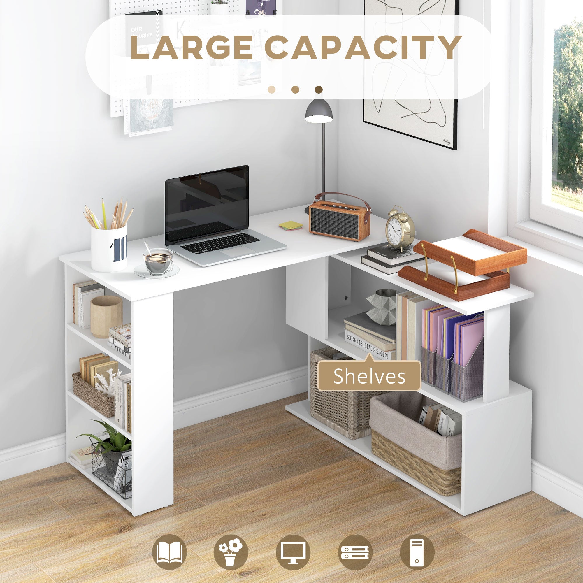 L Shaped Computer Desk With Storage Shelves, Writing Table Workstation, White