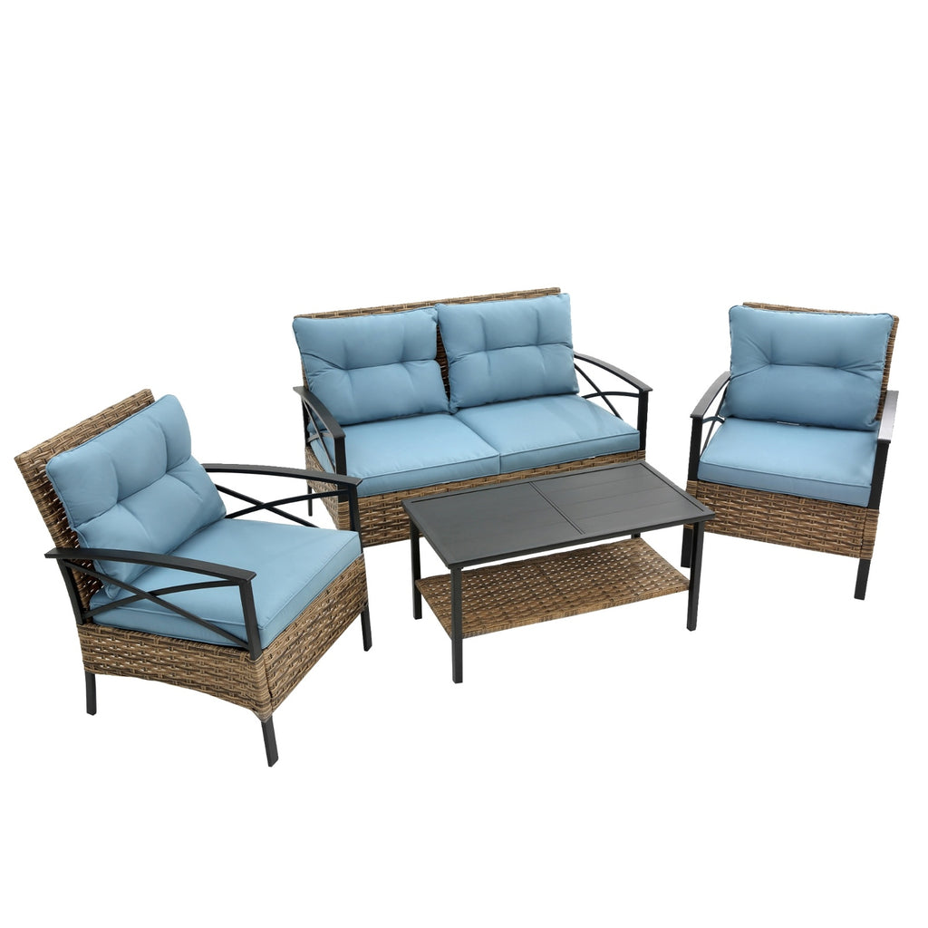 Juego de muebles exterior 4-Piece Patio Sectional Low Dining Sofa Set - KD Rattan Wicker Outdoor Furniture