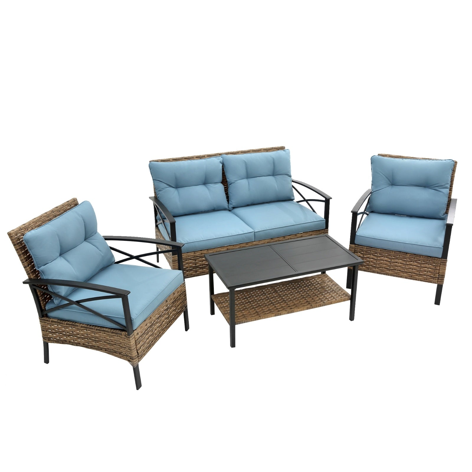 Juego de muebles exterior 4-Piece Patio Sectional Low Dining Sofa Set - KD Rattan Wicker Outdoor Furniture