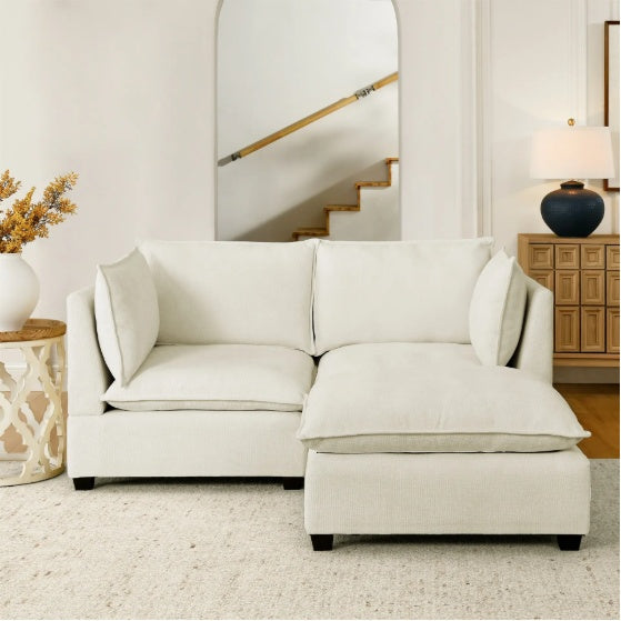 Modular Couch Comfy Cloud Couch Loveseat With Ottoman, Modern Chenille Love Seat Upholstered Modular Couch Sleeper For Living Room, Apartment, Studio, Office Beige White