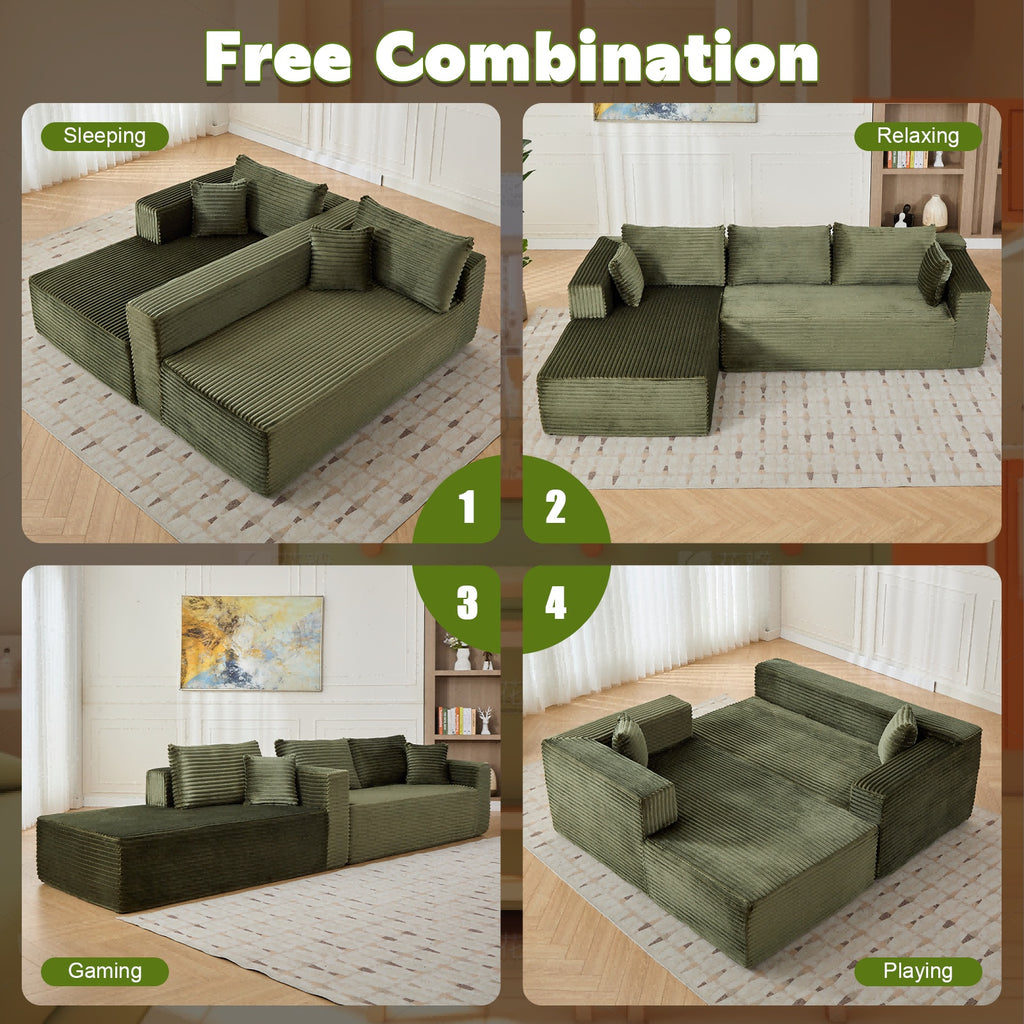 Modular L-Shaped Compression Sofa Bed With Corduroy Fabric - Convertible Sectional Sofa, Foldable Floor Couch Sleeper, Space-Saving Flannel-Like Lounge For Small Apartments, Living Room & Game Room NO TUME