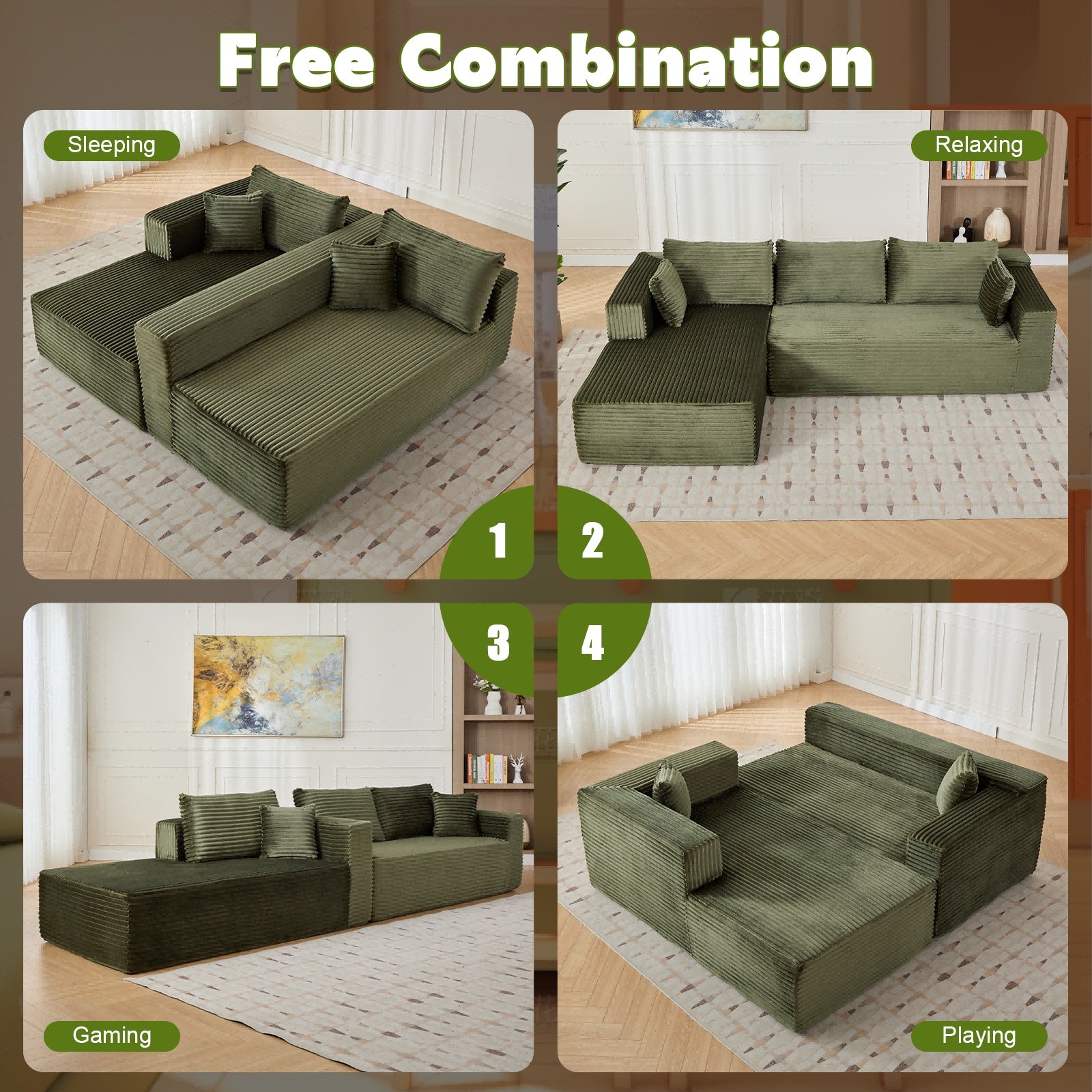 Modular L-Shaped Compression Sofa Bed With Corduroy Fabric - Convertible Sectional Sofa, Foldable Floor Couch Sleeper, Space-Saving Flannel-Like Lounge For Small Apartments, Living Room & Game Room NO TUME