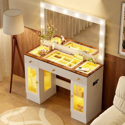 Tocador Vanity Desk With Large Mirror And Hollywood Bulbs, Modern Glass Top Makeup Vanity With Drawers And Power Outlet, Large Dressing Table With 3 Color Lighting Modes & RGB Cabinets For Bedroom
