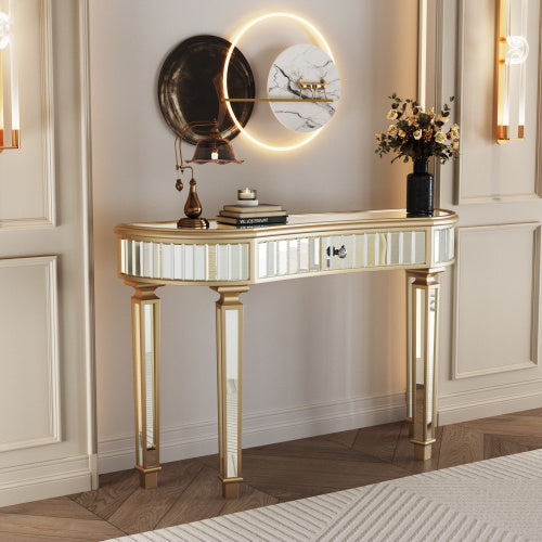 Half  Moon Mirrored Console Table With Fluted Glass  Crystal Knob Drawer  Silver Entryway Vanity Desk For BedroomDressing RoomGold Sliver