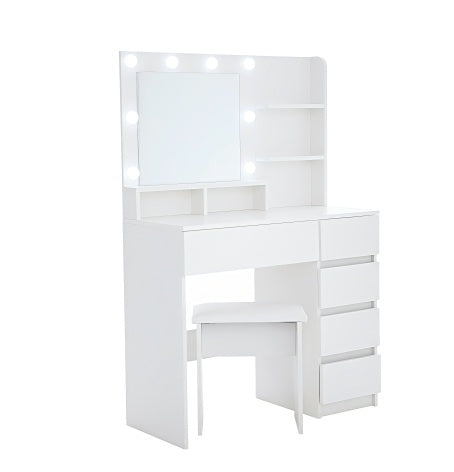 Tocador Vanity, Makeup Vanity Desk Set With Mirror & Light, Dressing Table Storage Lots With Power Strip, 3 Lighting Modes With Adjustable Brightness, 37 Inches White With Stool