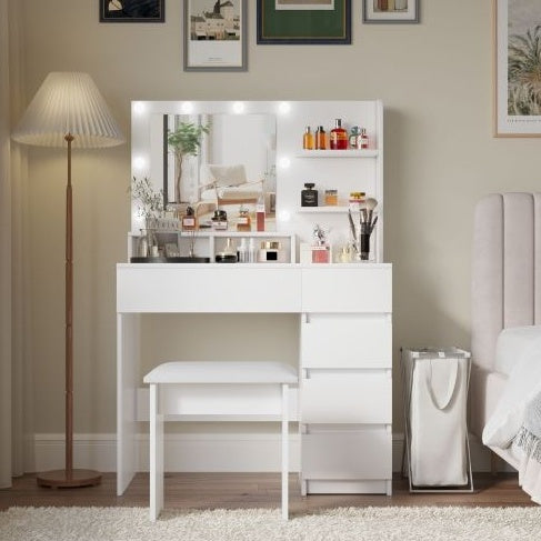 Tocador Vanity, Makeup Vanity Desk Set With Mirror & Light, Dressing Table Storage Lots With Power Strip, 3 Lighting Modes With Adjustable Brightness, 37 Inches White With Stool