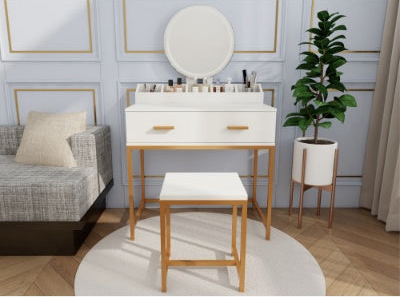 Tocador Vanity Set With Mirror And Stool - Makeup Vanity Table With Storage Drawers And Organizer, White And Gold, Space-Saving Design For Small Bedrooms