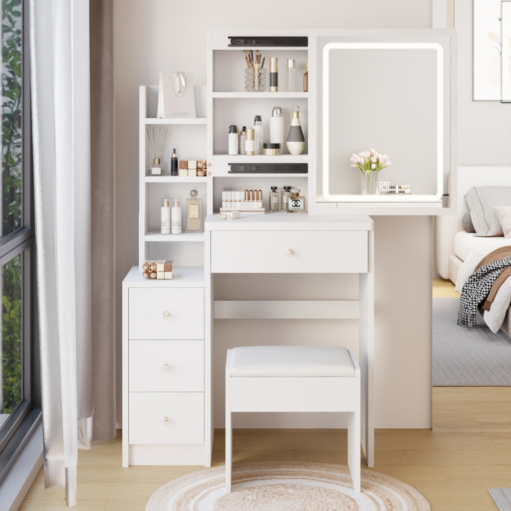 Tocador Left Bedside Cabinet Vanity Table   Cushioned Stool, Extra Large Touch Control Sliding LE
