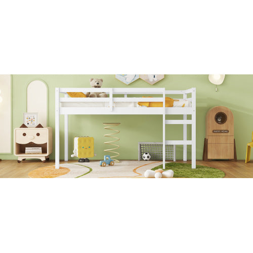 Solid Wooden, Rubber Wooden Twin Loft Bed With Ladder, Bed Platform Of Strengthened Slats , White