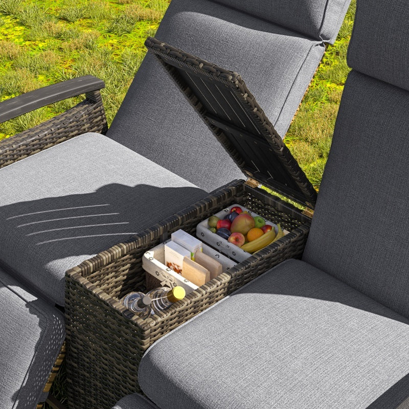 Terrace Lounge Chair Double Sofa, Adjustable Backrest Willow Outdoor Leisure Chair Set, Equipped With Acacia Wood Armrests And Built-in Storage Table, Gray, Prohibited Platform Temu