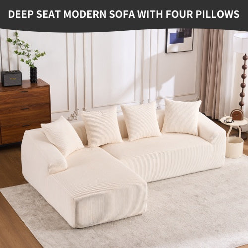 Modular LY-023 WHITE COMPRESSION SOFA Combining Chaise Longue With 3-seater, Corduroy Fabric, Full Sponge Compression Sofa,combined Sofa With 4 Pillows For Living