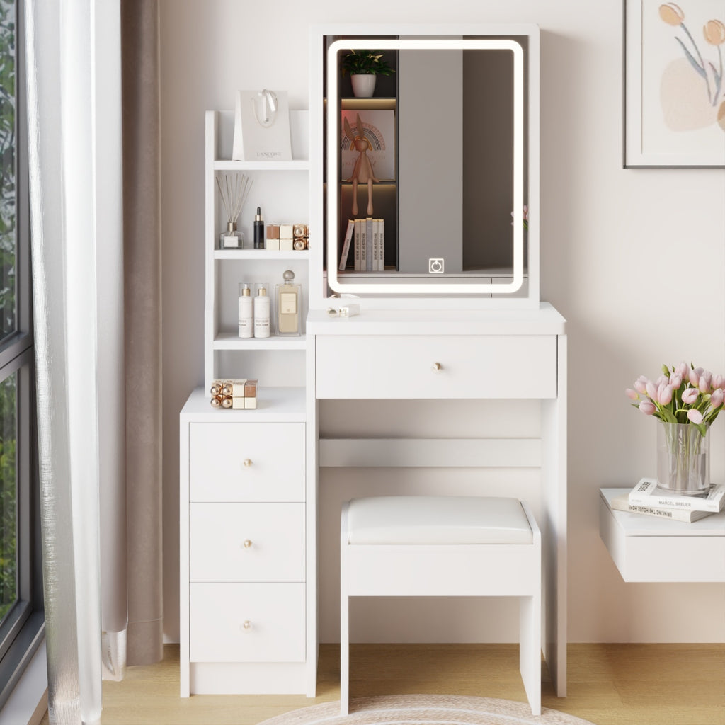 Tocador Left Bedside Cabinet Vanity Table   Cushioned Stool, Extra Large Touch Control Sliding LE