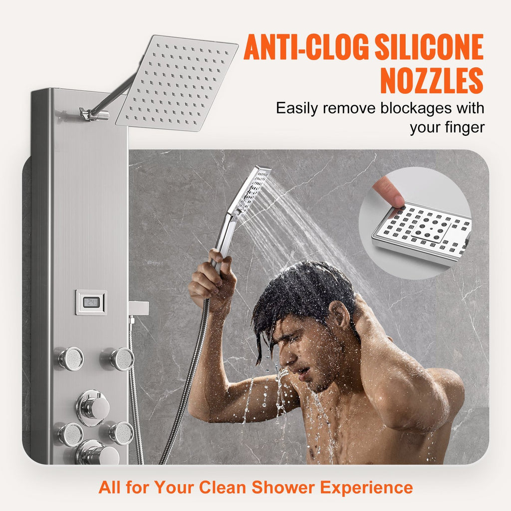 Shower Panel System, 5 Shower Modes, Digital Display Shower Panel Tower, Rainfall, 8 Massage Jets, Tub Spout, 3-Setting Handheld Shower Head 59 Hose, Stainless Steel Wall-Mounted Shower Set