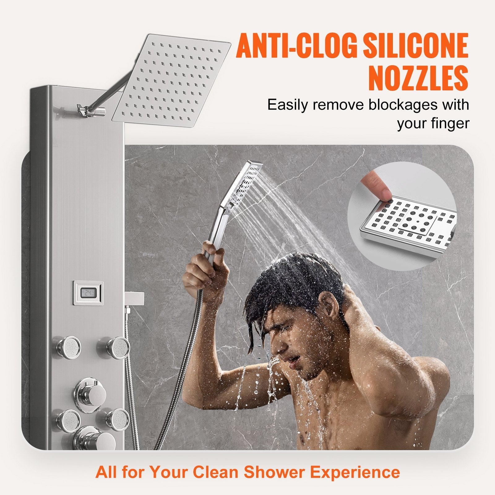 Shower Panel System, 5 Shower Modes, Digital Display Shower Panel Tower, Rainfall, 8 Massage Jets, Tub Spout, 3-Setting Handheld Shower Head 59 Hose, Stainless Steel Wall-Mounted Shower Set