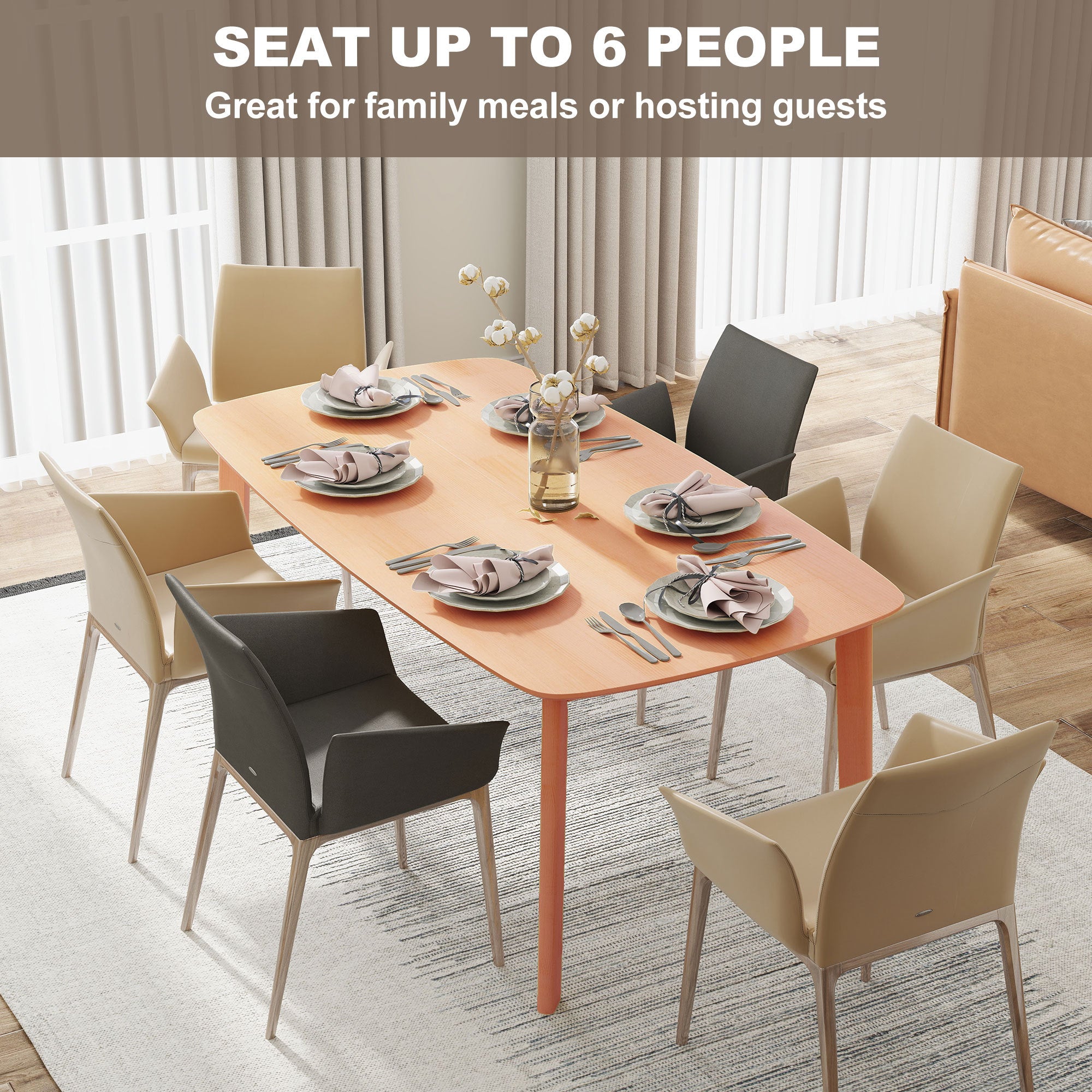 Pine Wood Dining Table For 6, 47 Rustic Rectangular Kitchen Table With Large Tabletop For Dining Room, Natural