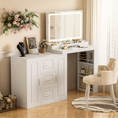 Tocador Makeup Vanity Desk With Mirror, Vanity Mirror With Lights, Dressing Table With 3 Drawers And 2 Cabinets, Vanity Table With Storage Shelves For Bedroom, White