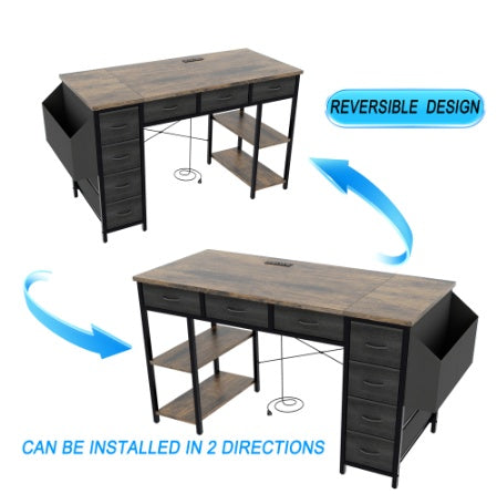 47 Computer Desk With Power Outlet,Writing Desk With 7 Fabric Drawers,Vanity Table Drawers And Large Side Pocket,Rustic Brown
