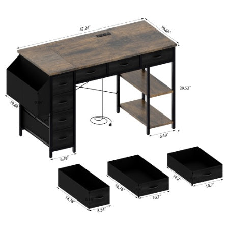 47 Computer Desk With Power Outlet,Writing Desk With 7 Fabric Drawers,Vanity Table Drawers And Large Side Pocket,Rustic Brown